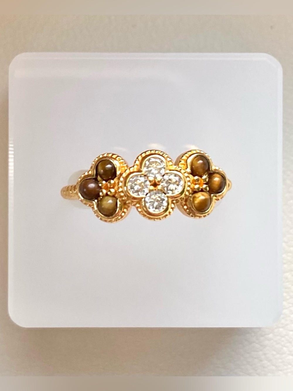 Gold Floral Ring with Brown Gem Accents